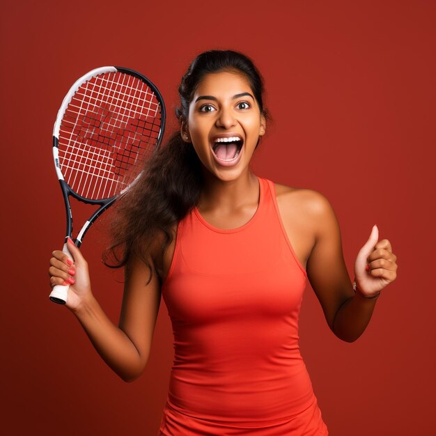 Photo of excited girl holding a tennis racquet