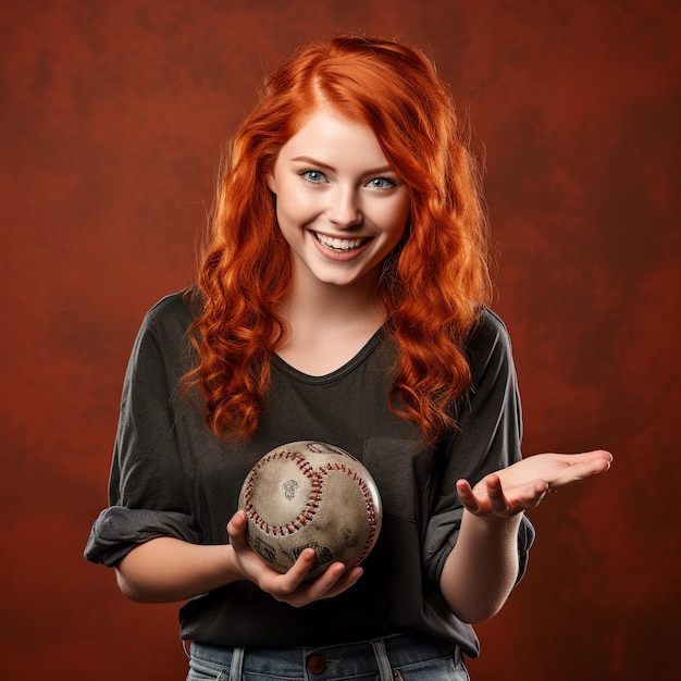 Photo of excited red hair girl holding a baseball ball