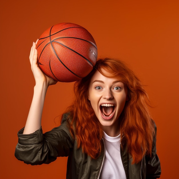 농구 공을 들고 흥분된 빨간 머리 소녀의 사진