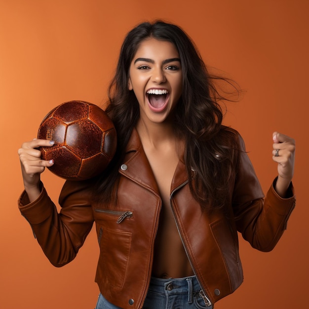 photo of excited red hair girl holding a volleyball ball