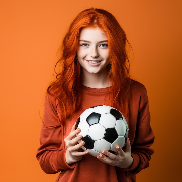 photo of excited red hair girl holding a volleyball ball