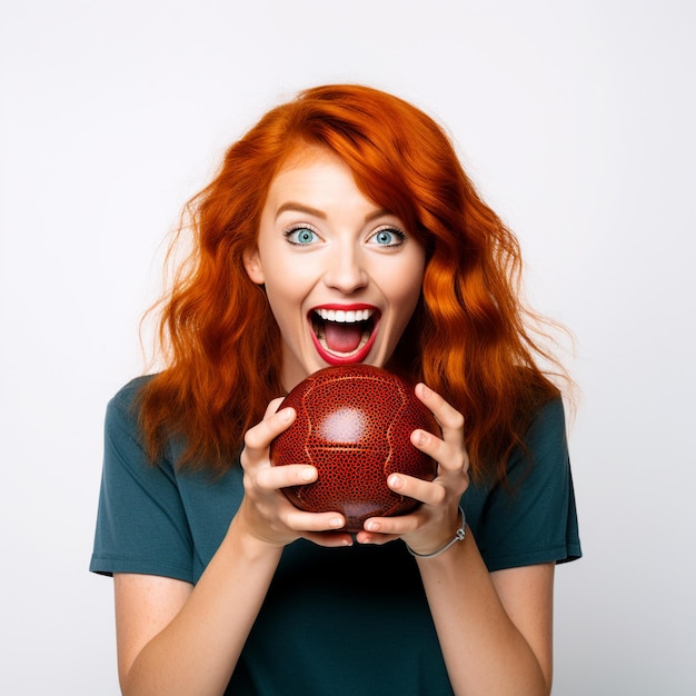 photo of excited red hair girl holding a volleyball ball