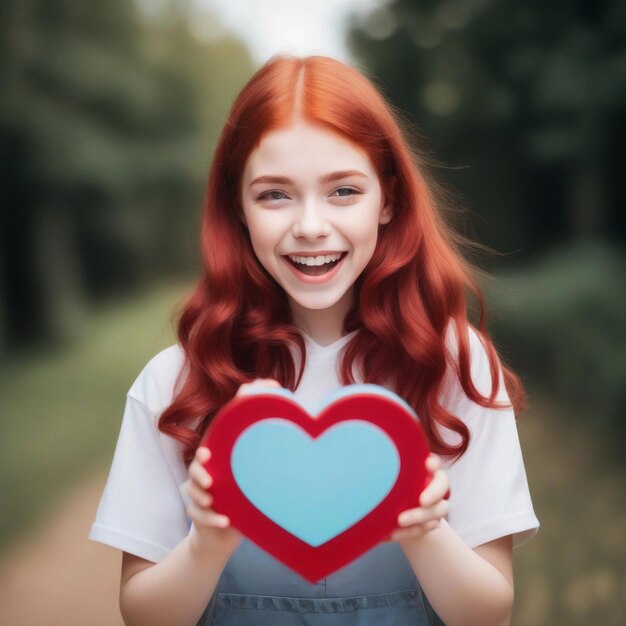 Photo photo of excited red hair girlholding heart