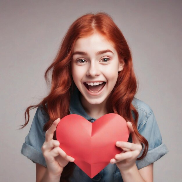 Photo of excited red hair girlholding heart