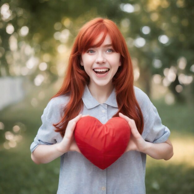 Photo of excited red hair girlholding heart