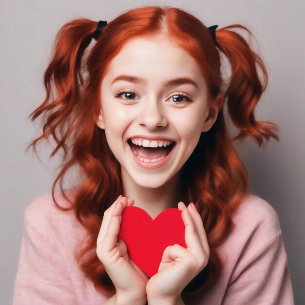 Photo of excited red hair girlholding heart