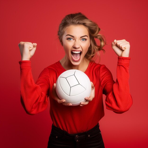 Premium AI Image photo of excited sports fan girl holding a ball
