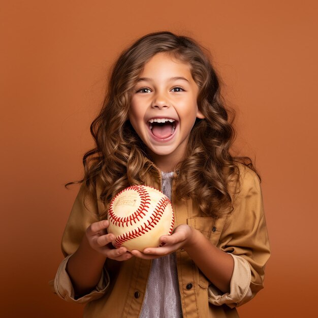 photo of excited sports fan girl holding a ball