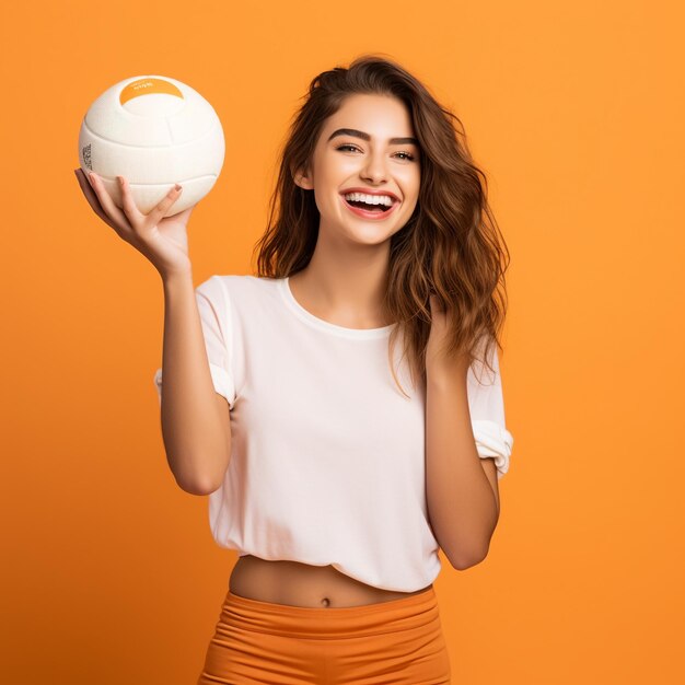 Photo of excited sports fan girl holding a ball