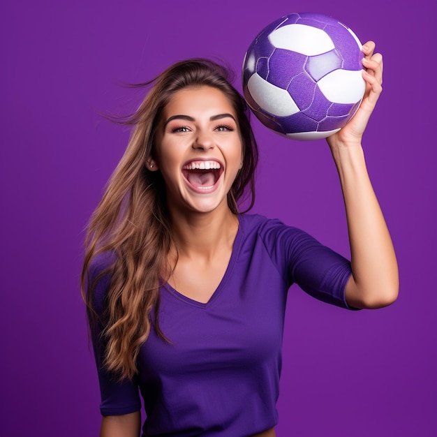 photo of excited sports fan girl holding a ball