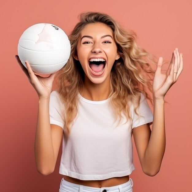 photo of excited sports fan girl holding a ball