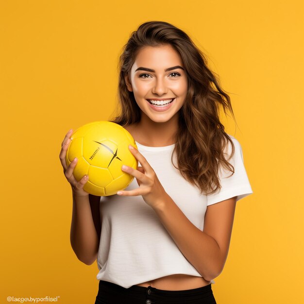 Photo of excited sports fan girl holding a ball