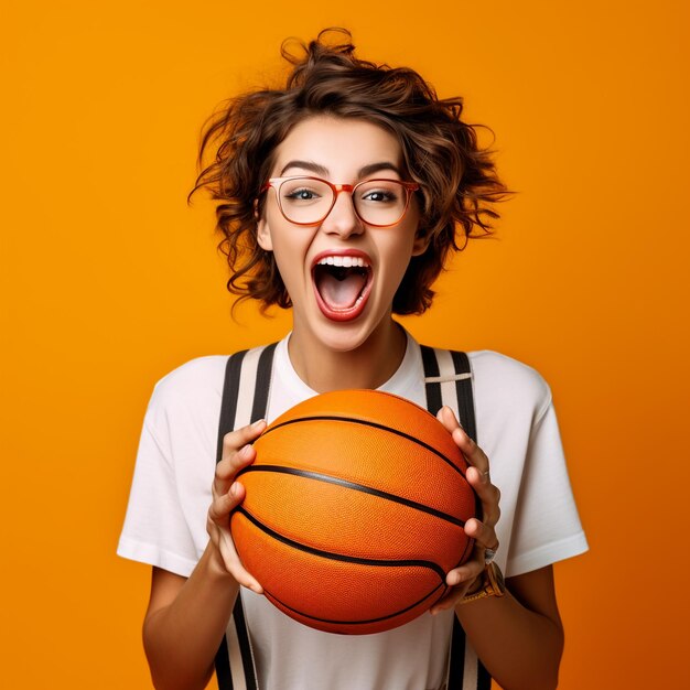 Photo of excited sports fan girl holding a ball