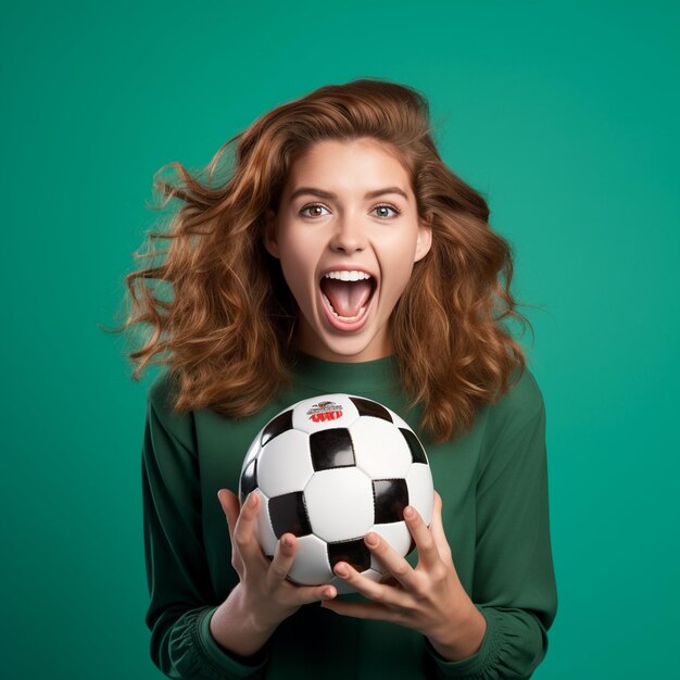 photo of excited sports fan girl holding a ball