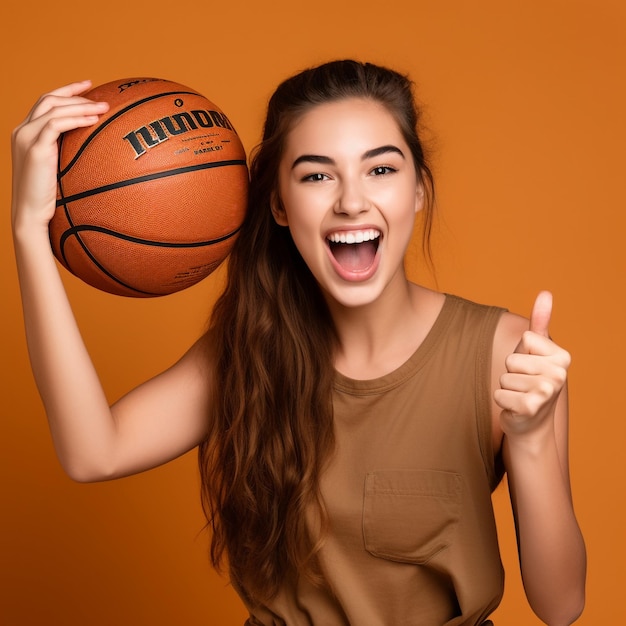 Photo of excited sports fan girl holding a ball