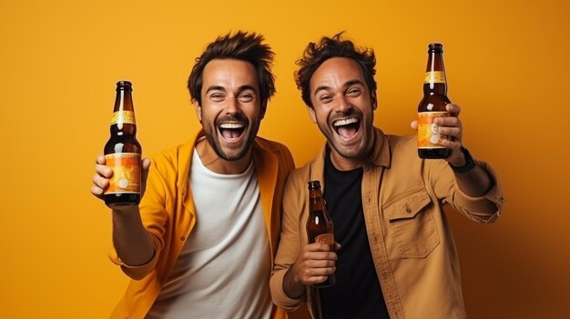 Photo excited young charming friends in colorful sunglasses clink beer bottles generated by ai