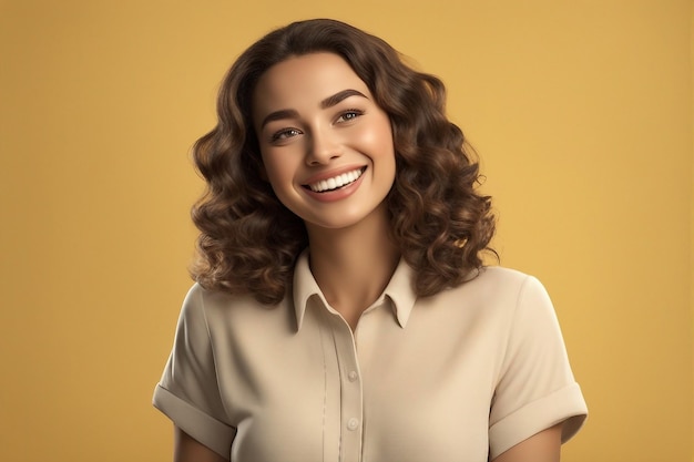 Photo of excited young women on cartoon face wtih yellow background