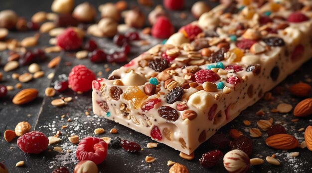 Photo of exquisite nougat with dried fruit and almond decorations nat banner ads design layout art