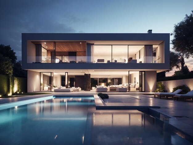 Photo photo external view of a contemporary house with pool at dusk