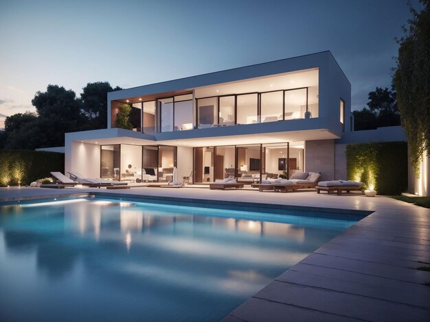 Photo external view of a contemporary house with pool at dusk