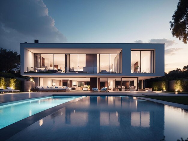 Photo external view of a contemporary house with pool at dusk