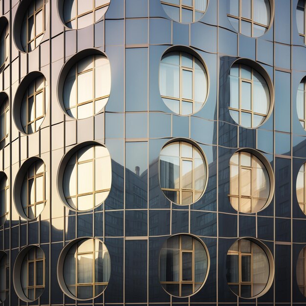 photo facade of a modern building with geometric windows and curved walls