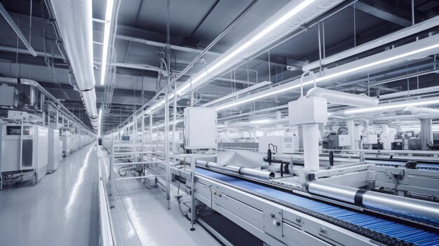 A photo of a factory interior conveyor belts and machinery