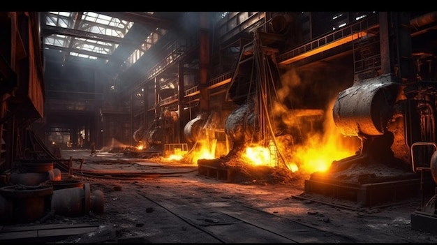 A photo of a factory with a fire coming out of it.