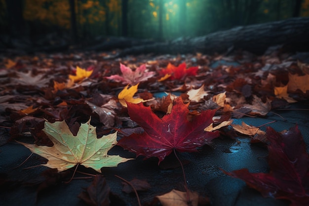 A photo of a fallen autumn leaves in the dark