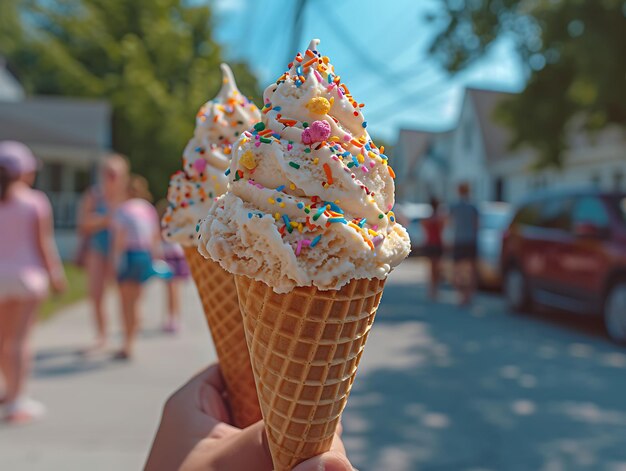 Photo of Families Enjoying a Neighborhood Ice Cream Social in a Subur Festival Holiday Concept