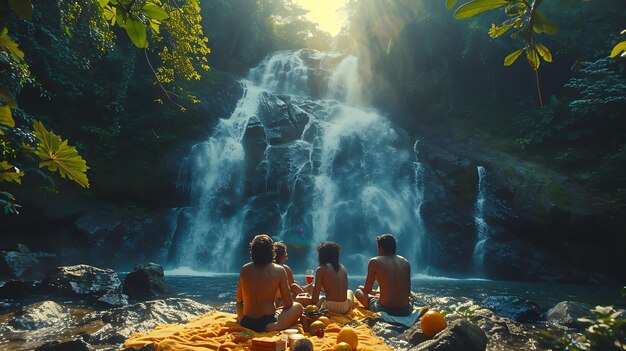 Photo of Families Enjoying a Picnic by a Waterfall in Costa Rica Scen Neibors Community Activities