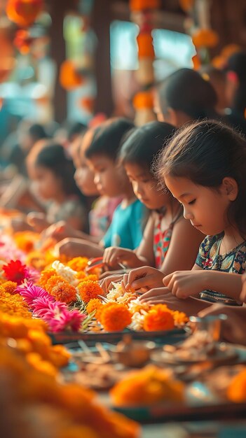 アサンハ・ブー・フェスティバル・ホリデー・コンセプトで伝統的な花束を作っている家族の写真