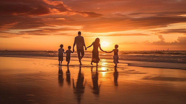 Photo photo of a family on the beach during sunset family