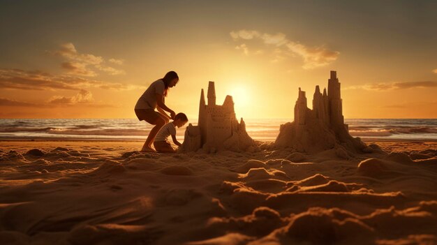 Photo a photo of a family building sandcastles at sunset