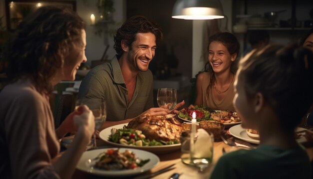 A photo of Family dinner clear facial features relaxed and joyful studyplace