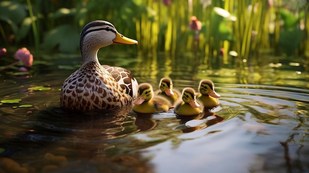 Фото семьи уток, плавающих в пруду