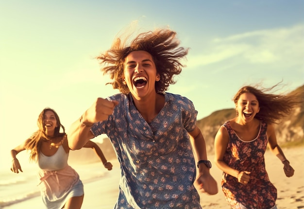 Photo of family members young happy teenagers having fun on the beach party background