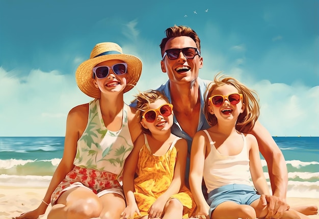Photo of family members young happy teenagers having fun on the beach party background