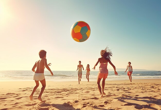 Photo of family members young happy teenagers having fun on the beach party background