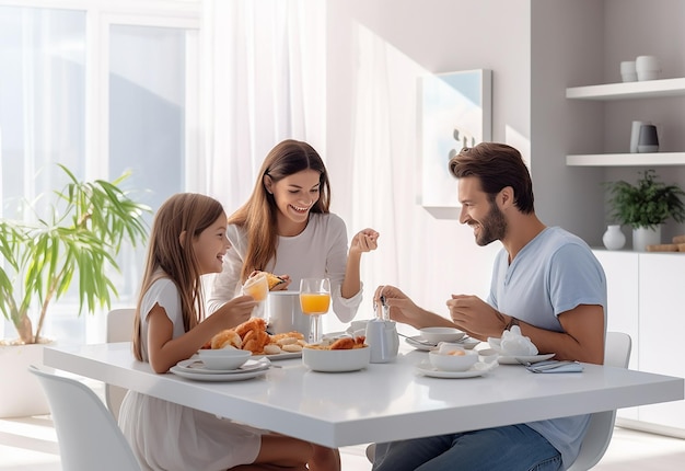 自宅で一緒に家族の朝の朝食の写真