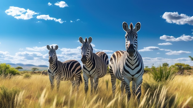 Photo a photo of a family of zebras roaming the grassy savanna clear blue sky