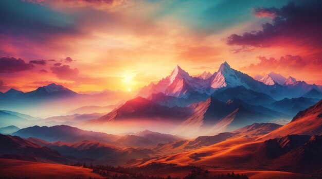 Photo fantasy landscape abstract sunset in mountains background