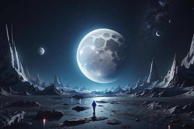 photo fantasy landscape of distant planet with mountain and big blue moon behind