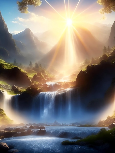 Photo of fantasy landscape with mountains river waterfall sun rays ai generated