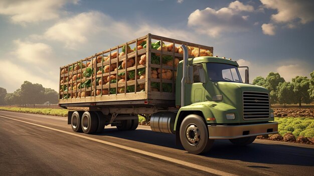 A photo of a farm truck carrying a load of freshly harvested produce