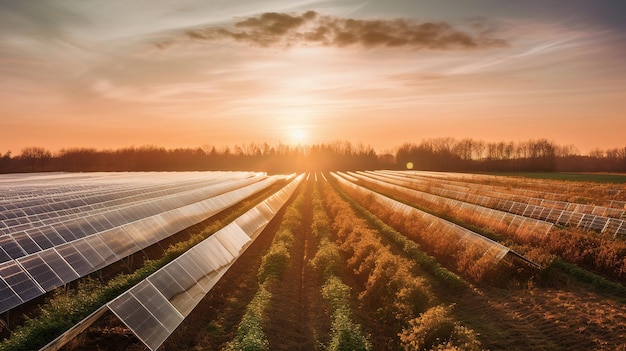 Фотография фермы с рядами солнечных батарей на фоне заката.