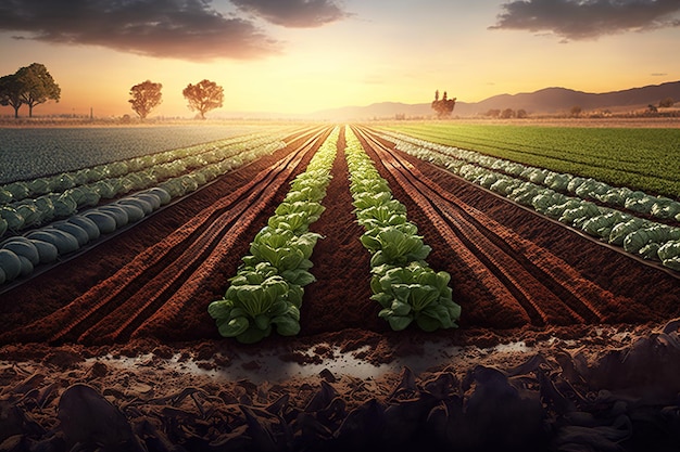 A photo of a farm with a sunset in the background