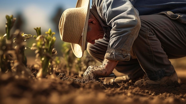 Foto una foto di un agricoltore che controlla la qualità del suolo