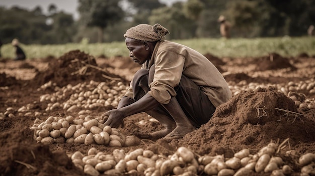 土からジャガイモを収する農家の写真