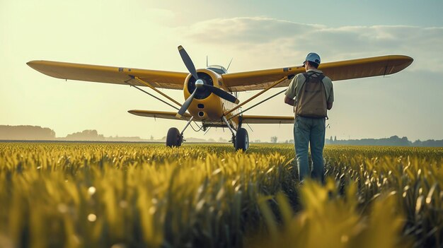 A photo of a farmer inspecting a crop duster before takeoff